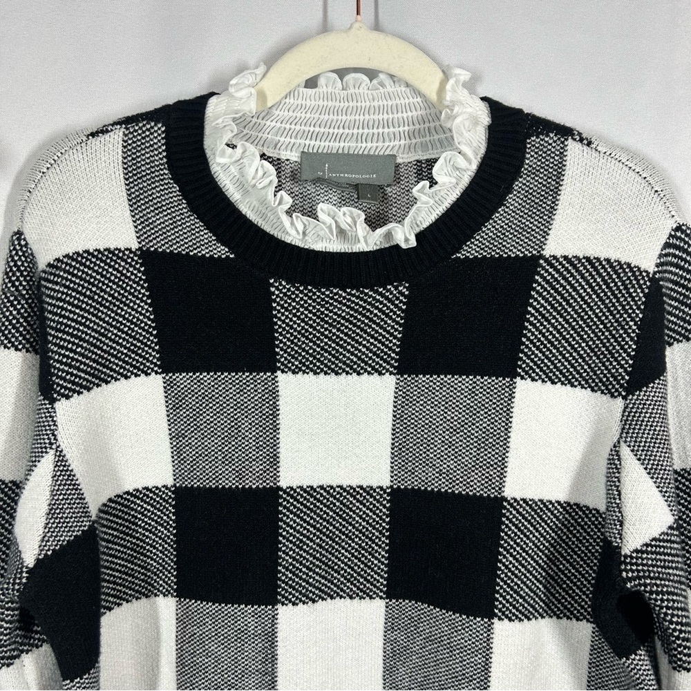 Anthropologie | Plaid Ruffle Collar Pullover Sweater Black White Women’s Size L - Picture 6 of 14